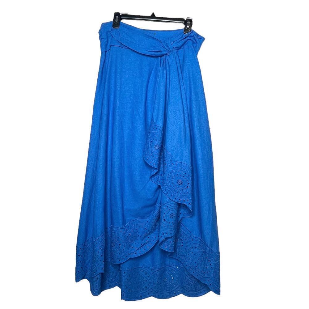 Jason Wu Blue Knot Front Linen Blend Midi A Line Eyelet Skirt Size 10 NWOT